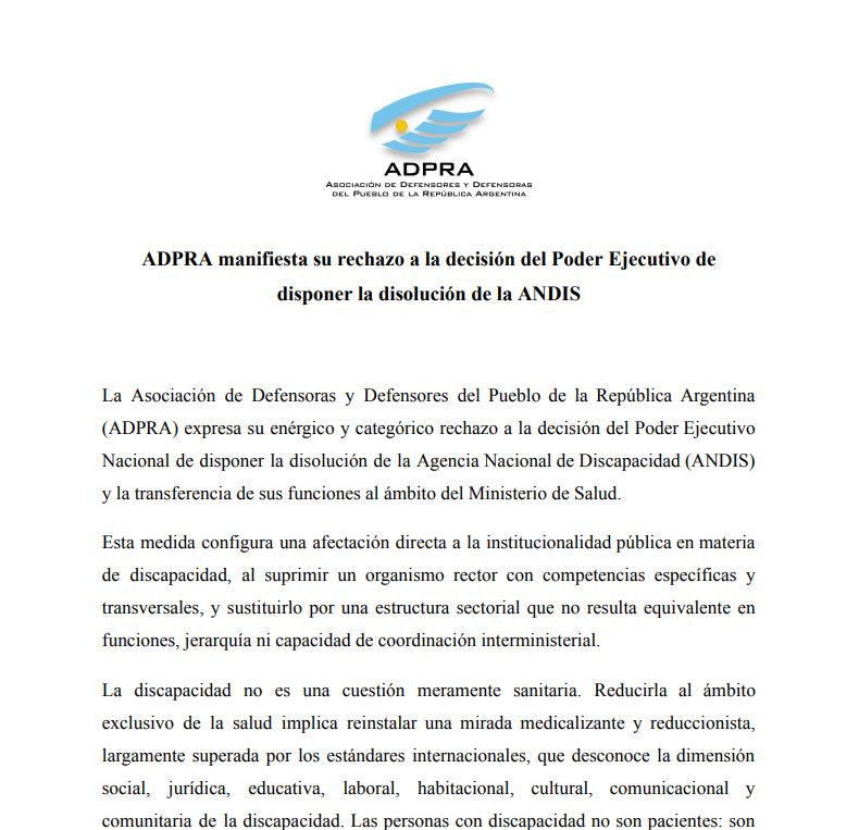 ADPRA manifiesta su rechazo a la decisión del Poder Ejecutivo de disponer la disolución de la ANDIS