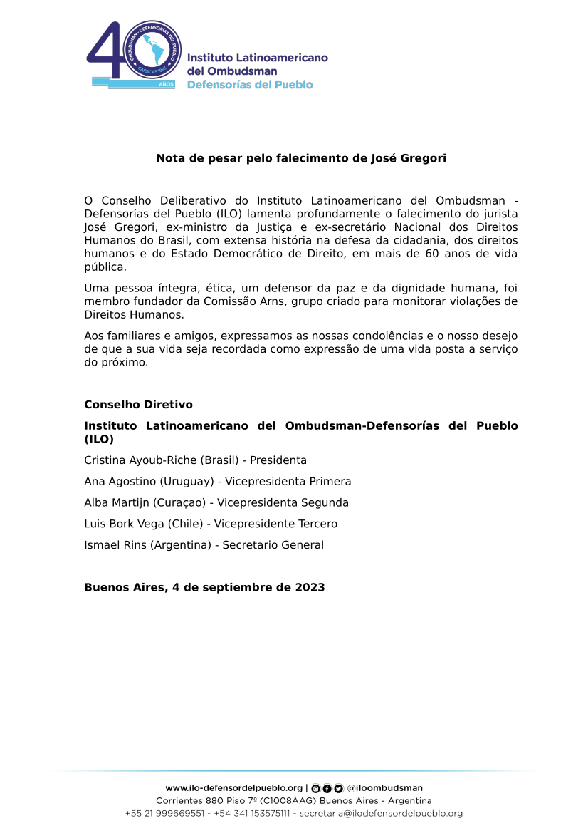 Nota de pesar del Consejo Directivo del ILO ante el fallecimiento del jurista brasileño José Gregori
