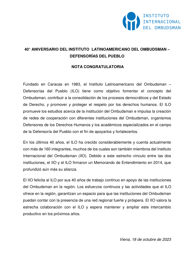 Nota de felicitación del Instituto Internacional del Ombudsman con motivo del 40º aniversario del ILO