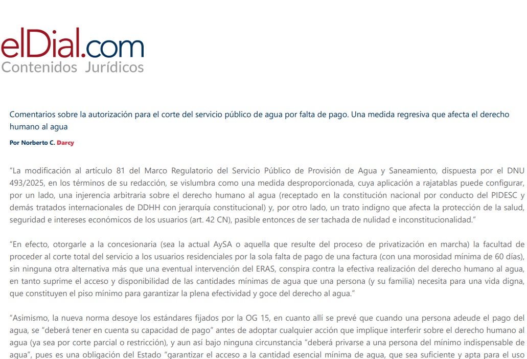Comentarios sobre la autorización para el corte del servicio público de agua por falta de pago. Una medida regresiva que afecta el derecho humano al agua